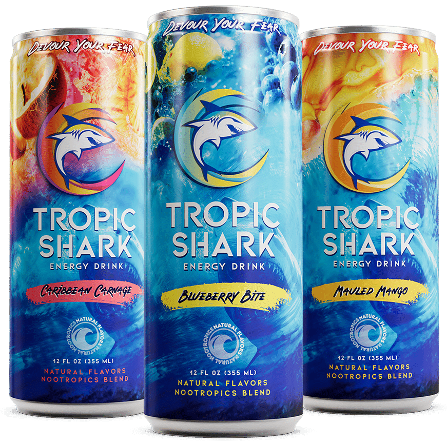 Tropic Shark Energy Drink, TropicShark, Tropic Shark, Blueberry Bite, Mauled Mango, Caribbean Carnage